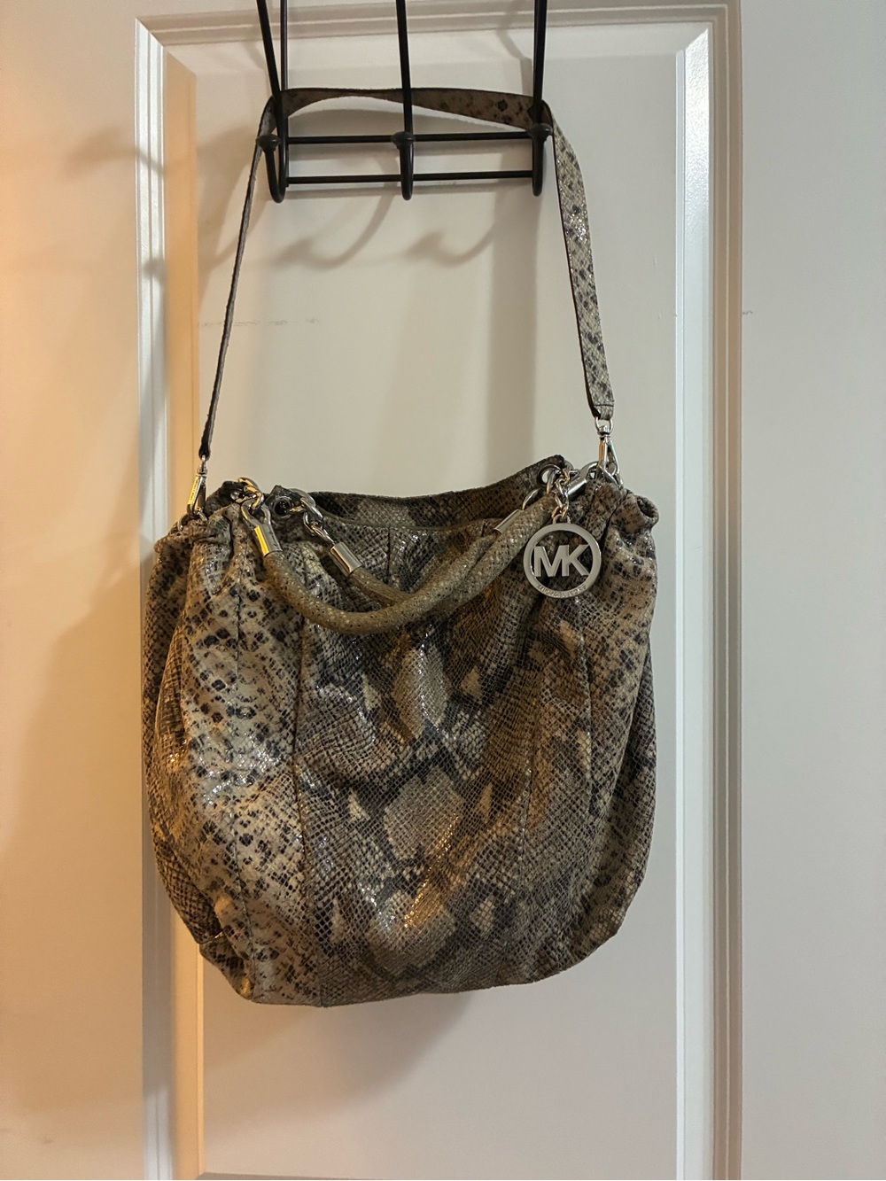 Michael Kors Brown Taupe Snake-Print Shoulder Bag